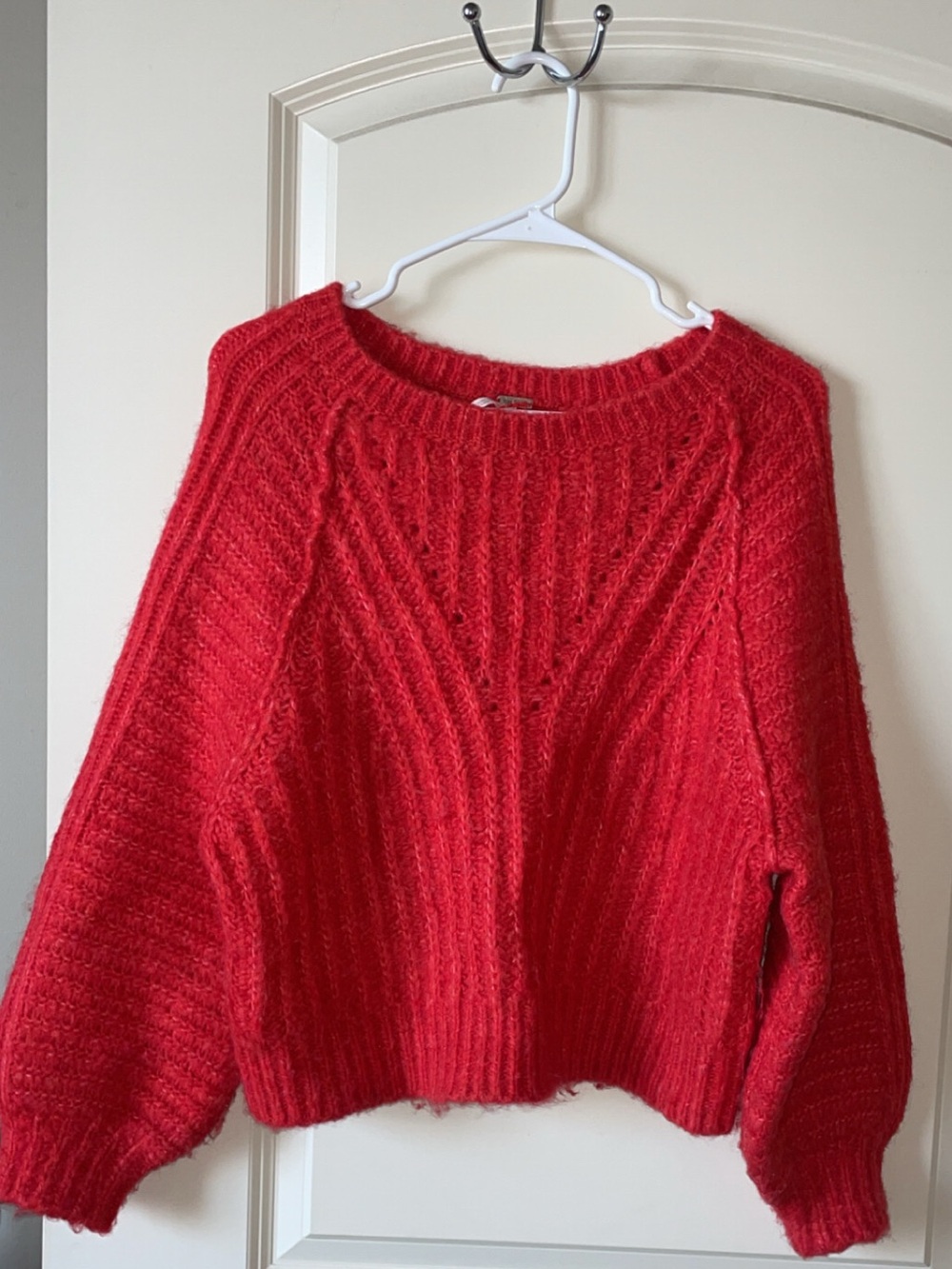 Free People Bright Red Chunky Knit Balloon-Sleeve Sweater